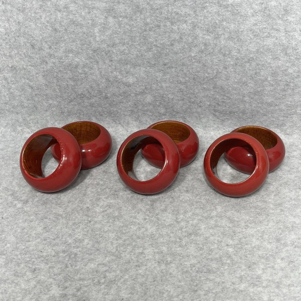 Red Lacquer Wood Napkin Rings Set of 6 Round Made‎ in India Table Decor Dining